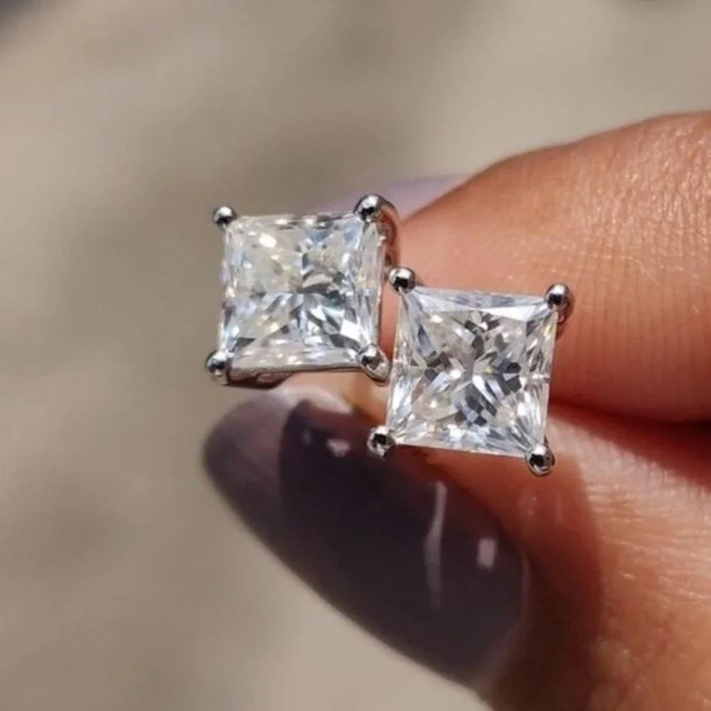 NEW 2.5 CARAT SILVER SQUARE DIAMOND STUD EARRINGS - Picture 1 of 3